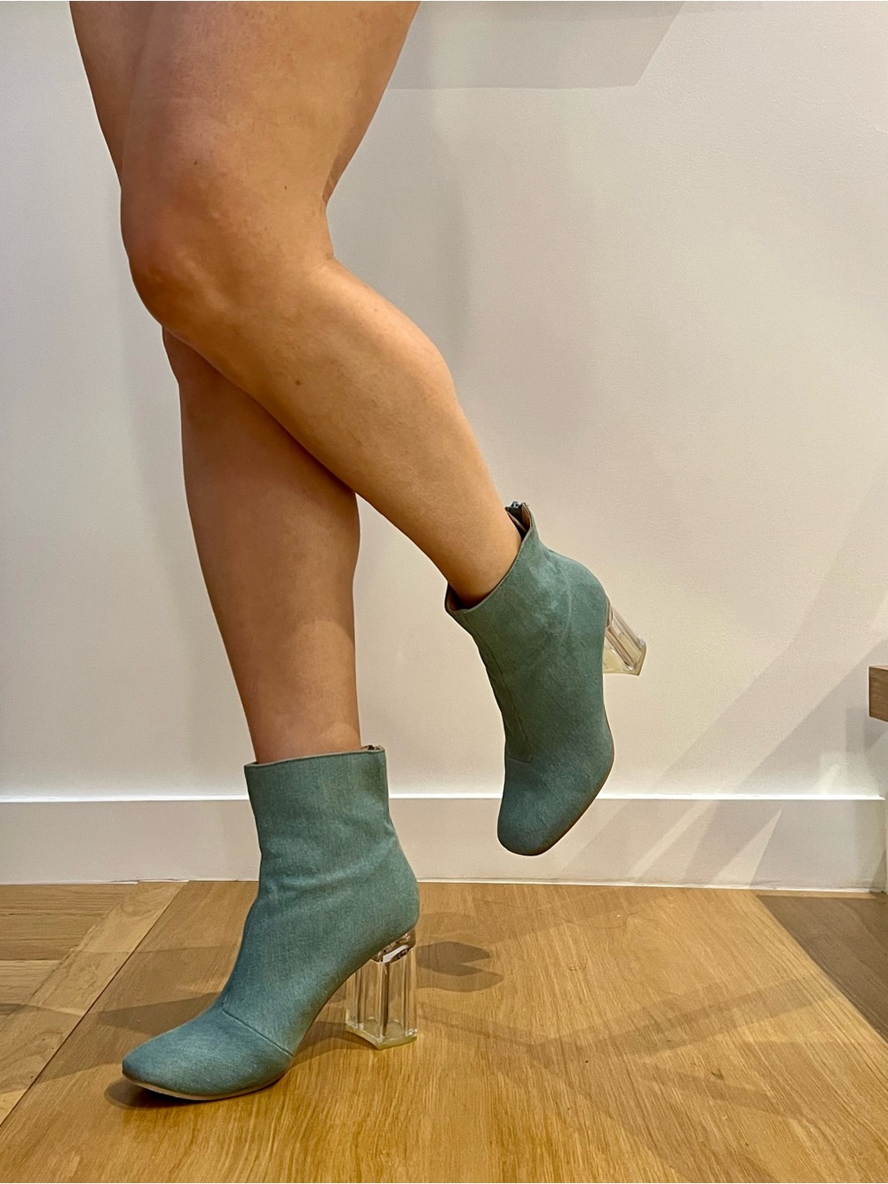 Forever 21 Teal Sock Ankle Boots with Clear Block Heel. Size 8 - Picture 2 of 14